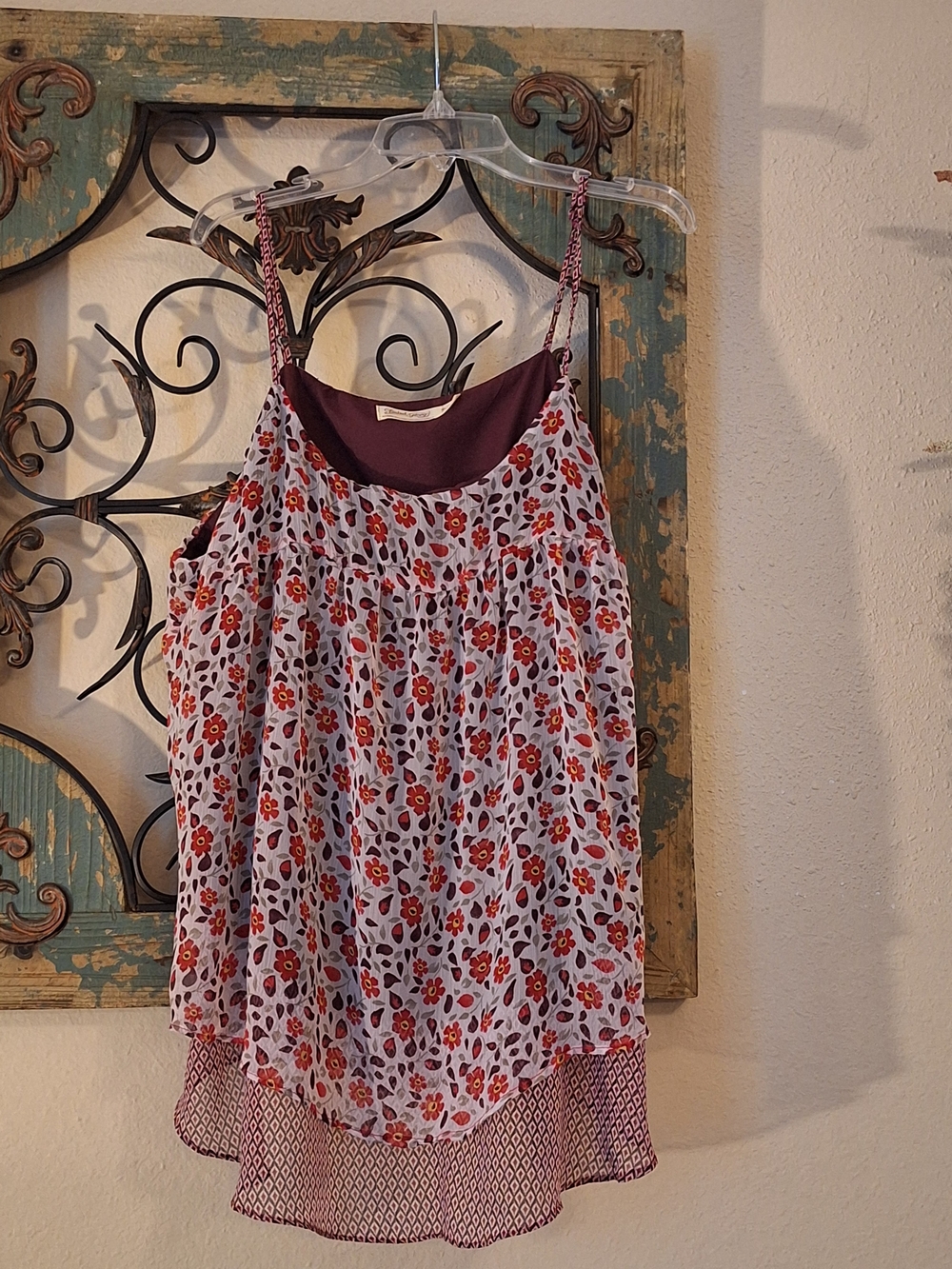 🔥🔥CLEARANCE🔥🔥 Floral Layered Spaghetti-Strap Camisole - Maroon/Red Floral XL